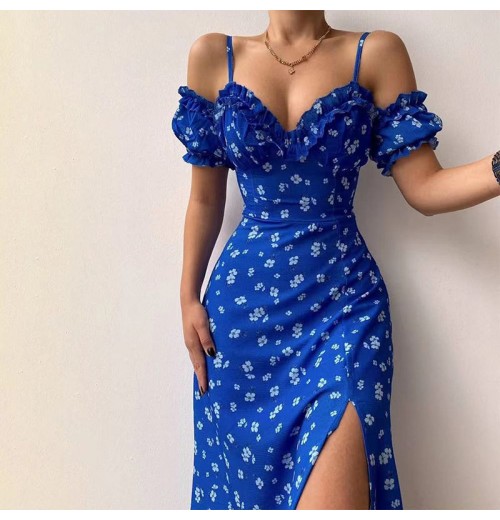 Summer 2023 women S clothing Floral Halter Elegant Short Sleeve V-neck Backless Open Breast Sexy Slit Dresses