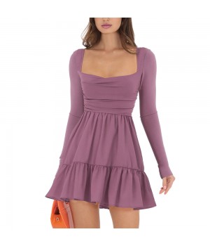 New Styles Square Neck Trendy Classy Mini Dresses Lady Women Elegant Fuchsia Dress