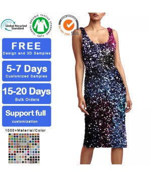 Custom Colorful Sequin Dress Women Sleeveless Midi Bodycon Dress Breathable All-Over Sequin Embroidery Dress for Parties