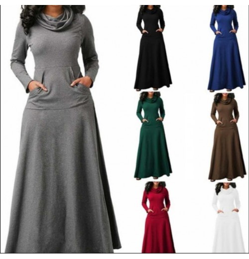 Autumn and Winter Clothing Women Dresses Stacked Collar Long Sleeves Maxi Dress With Pocket