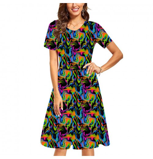 Latest China New Model Women Ladies Colored Draw Printed Maxi Dress Buttery Soft Short Sleeved Casual Dresses