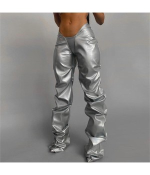 Fall Solid High Waisted PU Leather Stacked Women's Pants & Trousers