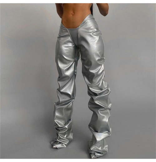 Fall Solid High Waisted PU Leather Stacked Women's Pants & Trousers