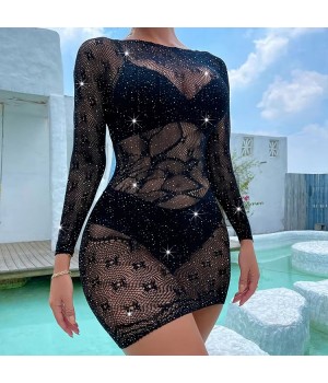 New Transparent Dress Nylon Black Jacquard Long sleeve Fishnet Lingerie Hollow Out Rhinestone Stocking Women's Clothing Sexy