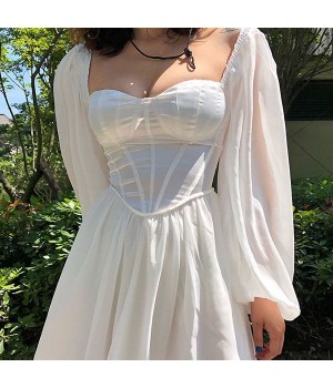 New cross-border women's lantern sleeves OL temperament Slim sexy chiffon pure white dresses