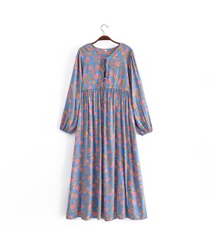 2 Colorway Front Slit Lace Up Collar Long Sleeve Floral Print Ladies Fall Casual Rayon Bohemian Maxi Dress