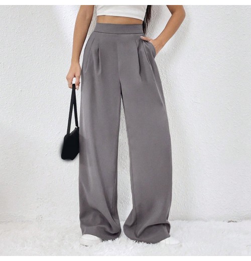 Fashion plain elastic waist casual pocket baggy straight leg women's pants & trousers with high quality wholesale