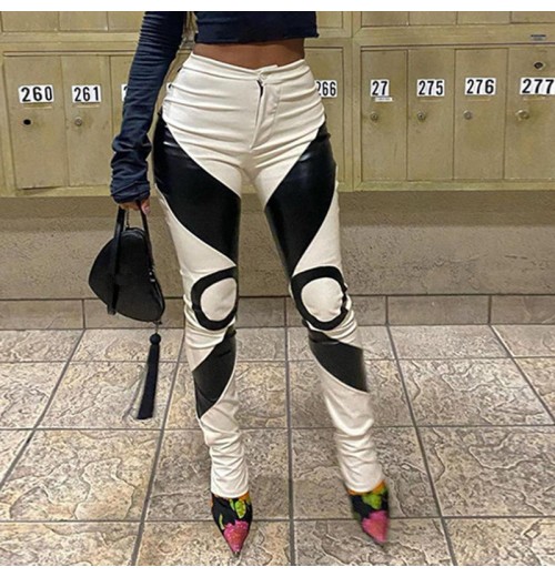 high waist colors contrast women's pants & trousers 2023 sexy women pu leather pants spring clothes