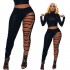 Cut Out Fashionable Black Color Sexy Women's Plus Size Pants & Trousers High Gold Chain Ripped Women's Pants Trousers Tight