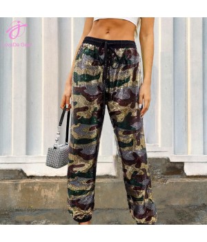 Loveda Fashion Camouflage Sequined Casual Trousers Elastic High Waist Strap Loose Straight Leg Pants