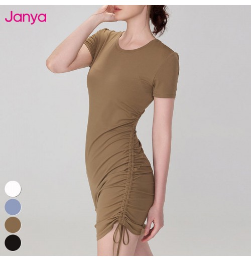 Casual Women Workout Wear Side Drawstring Adjustable Waistband Crew Neck Sports Dresses Short Sleeve Fitness Yoga Tennis Dress