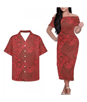 Off Shoulder Women Red Dress Men Aloha Shirts Custom Couple Sets Polynesian Tribal Samoa Print Couple Matching Outfit Clothes