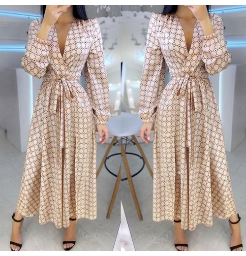 Wholesale New women's Oversized V-neck Retro Geometric Print Elegant women's Long Sleeved Dress