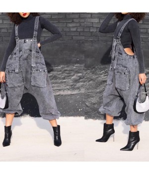 New Streetwear Fashion Women'S Pants & Trousers Cargo Overalls Grey Denim Jeans Loose Suspender High Waist Casual Trousers Pants