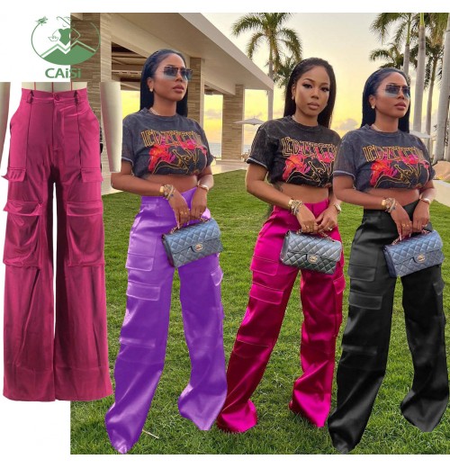 Hot Women's Cargo Pants & Trouser Casual Sweatpants Ladies Pockets Straight Metallic Long Pants Fall Winter 2024 Women Clothes