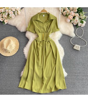 New Fashion Wholesale Temperament Round Neck Hollow Slimming Short Sleeves Solid Color Women's Casual Dress