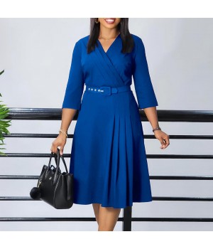 High Quality women's clothing ladies elegant temperament dresses half sleeve pleated solid color plus size casual office dress