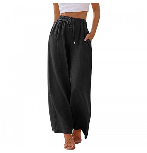 Women's Cotton And Linen Wide Leg Pantshigh Waist Wide Leg Long Casual Slouchy, Soft Elastic Pants With Pockets