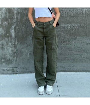 New Loose Casual Women's Cargo Pants Solid Color Single Side Zipper High Waist Straight Plus Size Women's Pants & Trousers