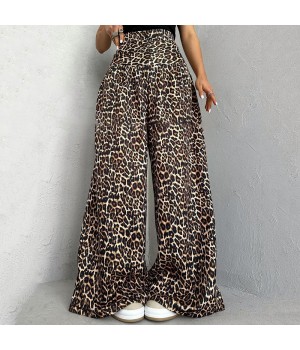 Cotton Fashion Wide Leg High Waist Trousers for Ladies - Leopard Print Casual Stretch Pants