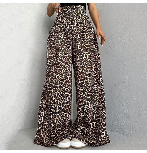 Cotton Fashion Wide Leg High Waist Trousers for Ladies - Leopard Print Casual Stretch Pants