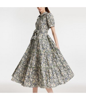 Clothing Manufacturer Custom Logo Summer Dresses Waist Butterfly Bow Short Puff Sleeve Flared Skirt Women Printed Dress