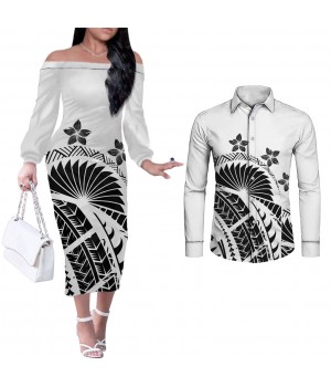 Polynesian Tribal Print black and white clothing couple clothes women Dress Off Shoulder Dress Match Long Sleeve Men Shirts