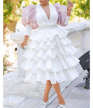 plus size women's clothing High waist temperament white puff sleeve cake dress Ladies banquet puffy dress