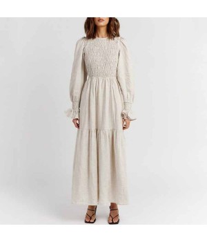 Custom Casual Backless Flare Sleeve Women Natural Linen Midi Dress With Sash