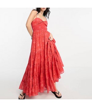 Hot Selling Women's Sweetheart Neck Sleeveless Floral Print Strap Tiered Red Max Long Dress Casual