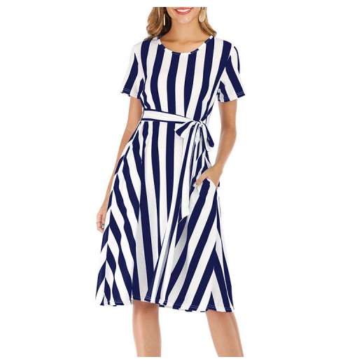 Factory Direct Sale Latest Design women's Striped Retro Round Neck Short Sleeve Casual Dress Classic Dress Elegant