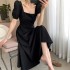 dress for women clothing black square neckline short sleeve a-line waist slim puff sleeve One-Piece Dress