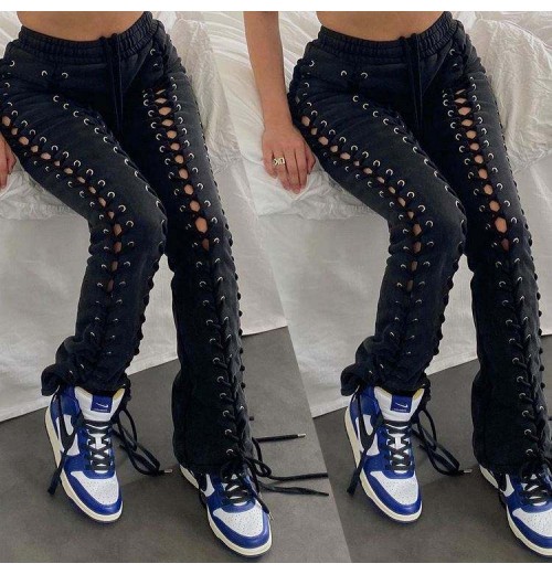 BR1777 Streetwear Sexy Hole Hollow Out women's trousers ladies elastic pencil pants