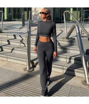 4132 O Neck Long Sleeve High Waist Crop Top Long Straight Pants Women'S Sets Workout Winter 2023 Y2K Winter Casual Clothing