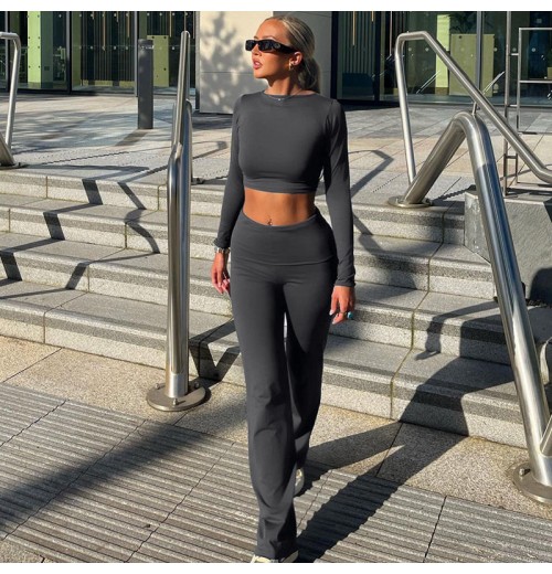 4132 O Neck Long Sleeve High Waist Crop Top Long Straight Pants Women'S Sets Workout Winter 2023 Y2K Winter Casual Clothing