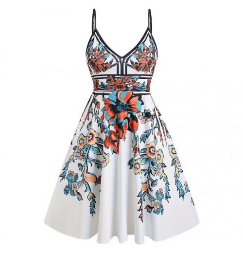 Dresses Women Summer Vacation Floral Leaf Print Knit Dress Flared A-line Backless Sleeveless Halter Mini Dresses women Casual