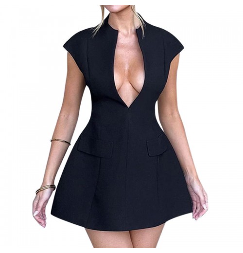 New Arrival Women's Elegant A-Line Mini Dress V-Neck Short Sleeves Summer Dresses Fashion Party Sexy Solid Dress