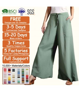 Custom Clothing Manufacturers Wholesale Pants Women's Loose Cotton And Linen Wide-Leg Trousers In Solid Colour