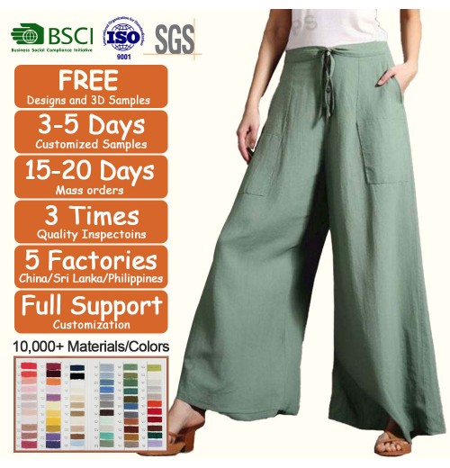 Custom Clothing Manufacturers Wholesale Pants Women's Loose Cotton And Linen Wide-Leg Trousers In Solid Colour