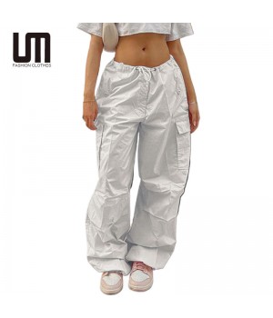 Liu Ming Spring Women Casual Loose High Waist Elastic Straight Sweatpants Pockets Cargo Pants