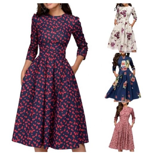 Women A Line Dress Party Retro Floral Summer Seven Quarter Sleeves Round Neck Women Plus Size Dress