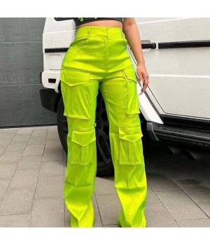 Streetwear Summer Spring Fall Fashion Elastic Waist Casual Bright Baggy Pocket Loose Straight Cargo Women'S Pants & Trousers