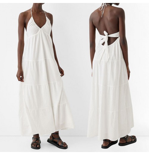 SF AL 24D064 Hot Selling Cotton Women Slim Halter Sexy White Long Dress Casual Maxi Dresses Beach Wear Sleeveless Maxi Dress