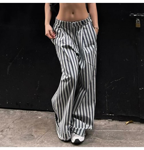 Street Style Fashionable Striped Low Waist Straight Casual pants women All-match Wide Leg pants