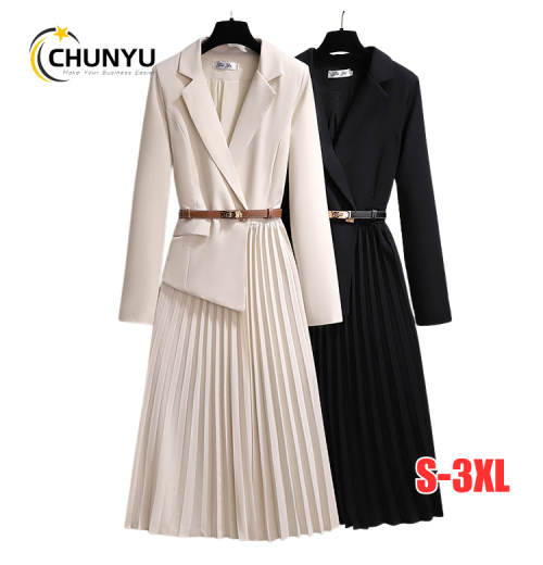 High Quality Spring Autumn Elegant Blazer Dress V-neck Slim Design Pleated Dresses Women Casual Ladies Office Dresses