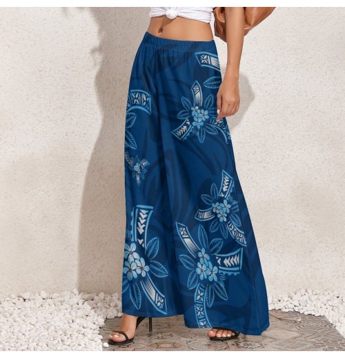 Women's Custom Polynesian Print Palazzo Pants - Wide Leg Ladies' Baggy Trousers with Waist Logo Placement