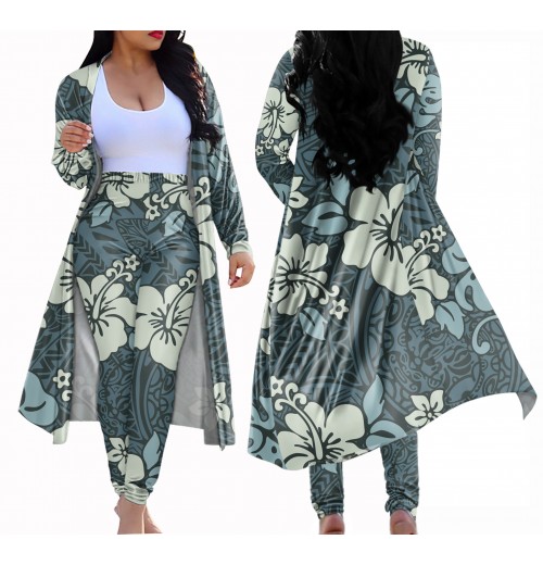 Spring & Autumn Women Leggings Polynesian plumeria flower 2 Pieces Set Women'S Pants & Trousers And Best Seller Cropped Cardigan