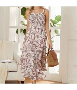 Elegant Beige Floral Women's Summer Smock Dress High Short Sleeve Square Collar Lace Button Formal Mini XS Digital Long Length