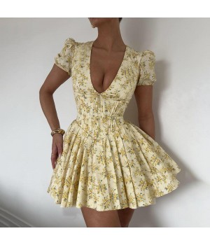 2024 Summer French style temperament V Collar daily skirt waist slimming floral light dress women