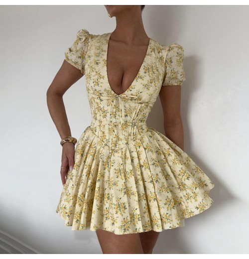 2024 Summer French style temperament V Collar daily skirt waist slimming floral light dress women